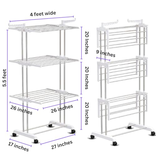 H Houseware Foldable Cloth Drying Stand Stainless Steel 3 Tier Heavy-Duty Clothes Dryer Indoor & Outdoor Use with Wheels & Hanger Slots Rust-Proof Laundry Rack (White), 121.9 x 68.6 x 167.6 Cm - Image 4