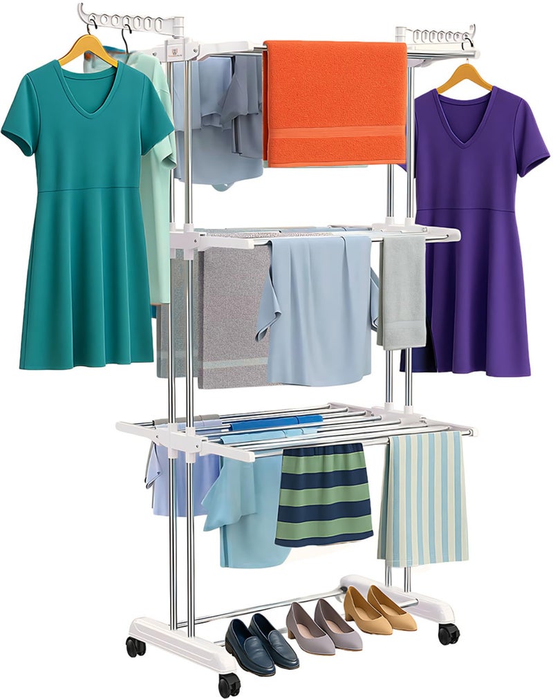 H Houseware Foldable Cloth Drying Stand Stainless Steel 3 Tier Heavy-Duty Clothes Dryer Indoor & Outdoor Use with Wheels & Hanger Slots Rust-Proof Laundry Rack (White), 121.9 x 68.6 x 167.6 Cm - Image 1
