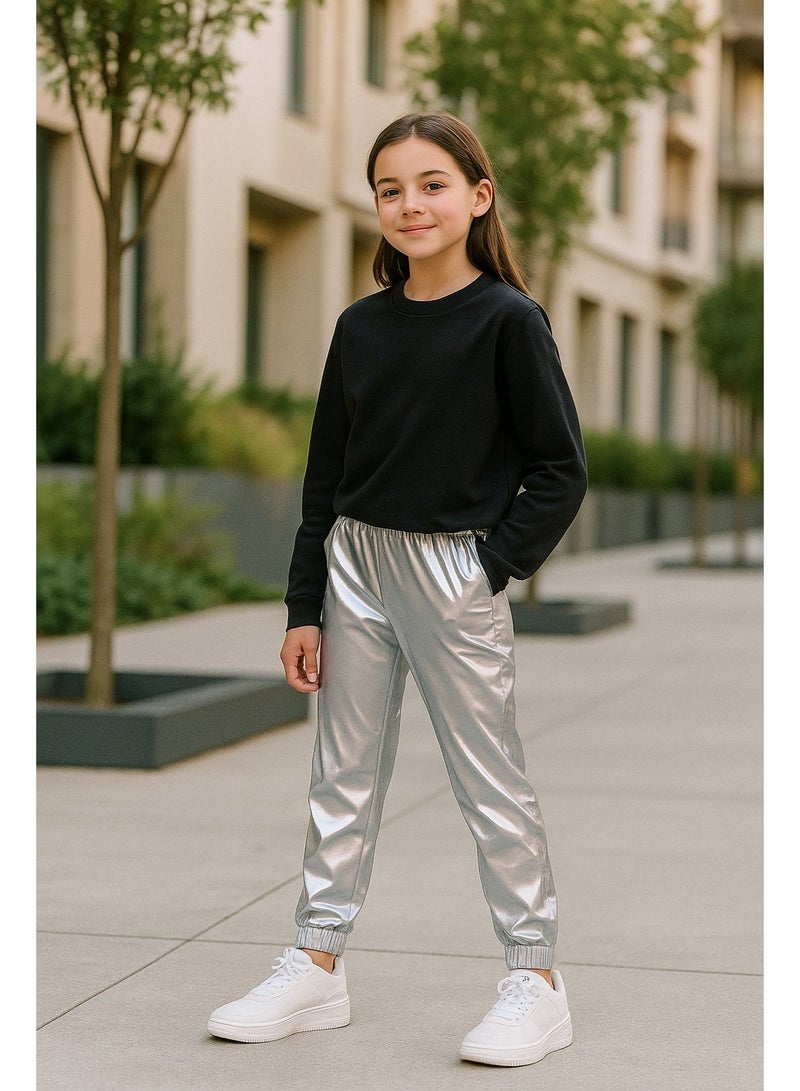 Shein Kids Metallic Silver Jogger Pants – Stretch Lycra Unisex Fit for Stylish Everyday Wear - Image 3