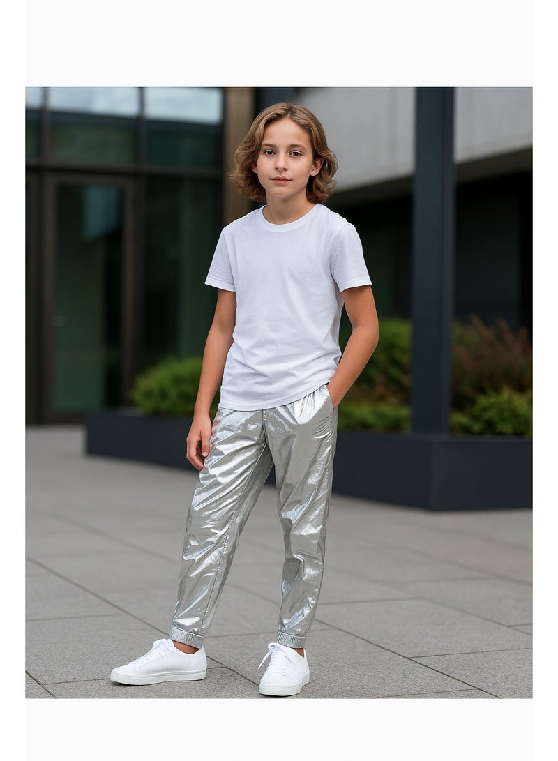 Shein Kids Metallic Silver Jogger Pants – Stretch Lycra Unisex Fit for Stylish Everyday Wear - Image 2