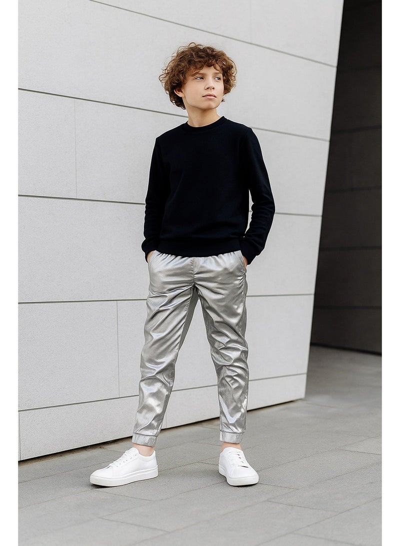 Shein Kids Metallic Silver Jogger Pants – Stretch Lycra Unisex Fit for Stylish Everyday Wear - Image 1