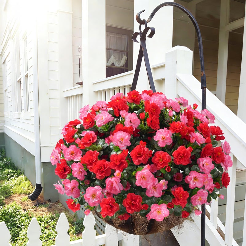 HyeFlora Artificial Faux Outdoor Flowers Plants for Spring Summer Decoration, Fake Silk Camellia UV Resistant Look Real for Planter Outside Front Door Porch Patio Balcony, 3 Large Bundles (Melon Red+Red) - Image 2