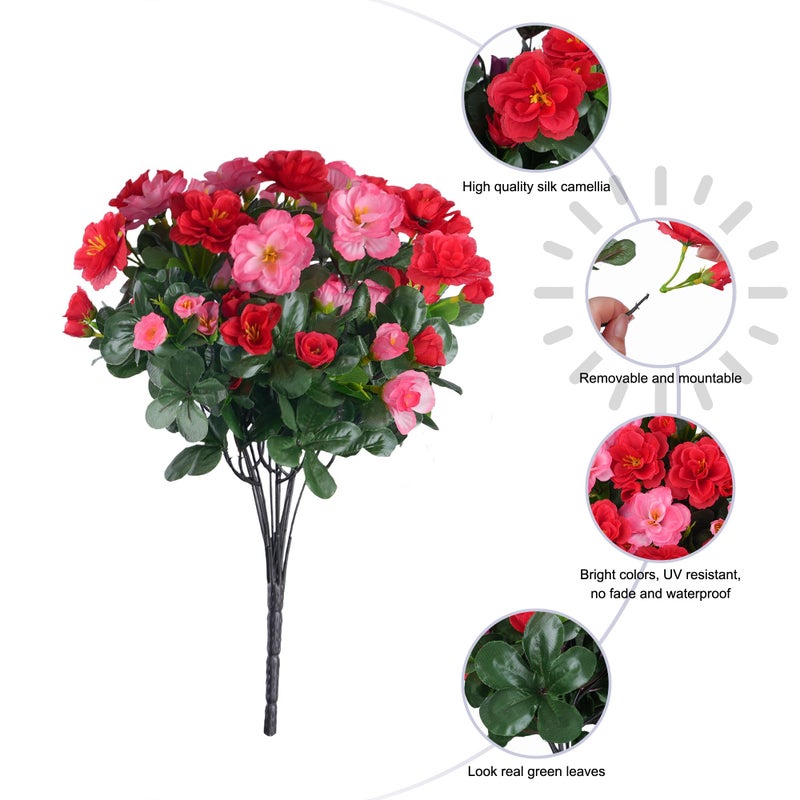 HyeFlora Artificial Faux Outdoor Flowers Plants for Spring Summer Decoration, Fake Silk Camellia UV Resistant Look Real for Planter Outside Front Door Porch Patio Balcony, 3 Large Bundles (Melon Red+Red) - Image 3