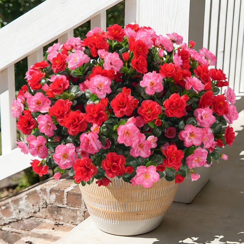 HyeFlora Artificial Faux Outdoor Flowers Plants for Spring Summer Decoration, Fake Silk Camellia UV Resistant Look Real for Planter Outside Front Door Porch Patio Balcony, 3 Large Bundles (Melon Red+Red) - Image 1