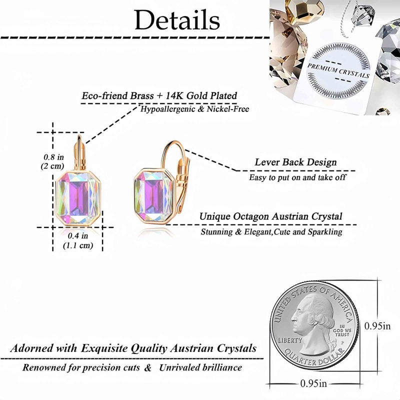 EVEVIC Austrian Crystal Octagon Leverback Drop Earrings for Women 14K Rose Gold Plated Hypoallergenic Jewelry (Aurora Borealis) - Image 4