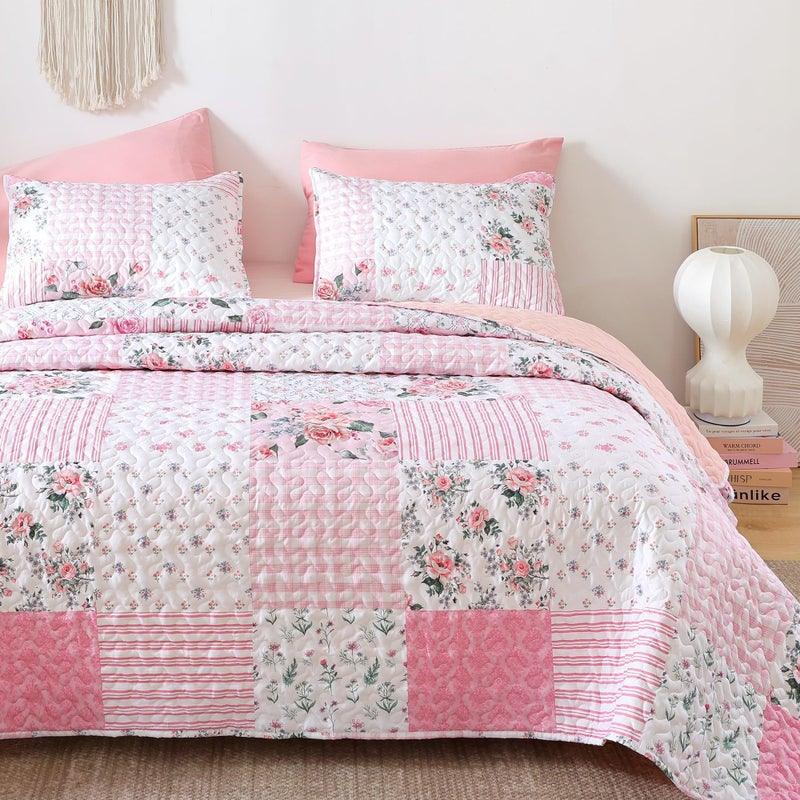 YIKUSH Quilt Sets Queen Size Floral Quilt Set 3 Pieces Bedding Set Bedspreads Pink Comforter Blanket with 2 Pillow Cases- Ultra Soft Floral Coverlet with Printed Pattern 90in.x 90in - Image 1