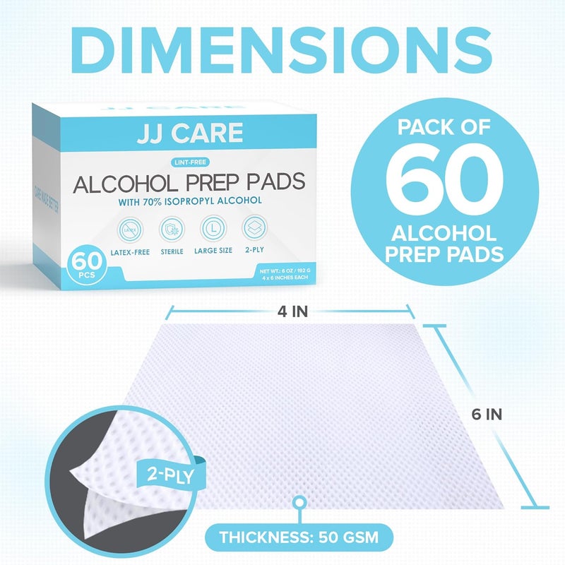 JJ CARE عبوة كبيرة من وسادات تحضير الكحول 60 قطعة 4 × 6 وسادات كحول معقمة مغلفة بشكل فردي 70 كحول إيزوبروبيلي مناديل 2 طبقة مسحات كحول مثالية لمجموعة الإسعافات الأولية الطبية والمنزلية - Image 3