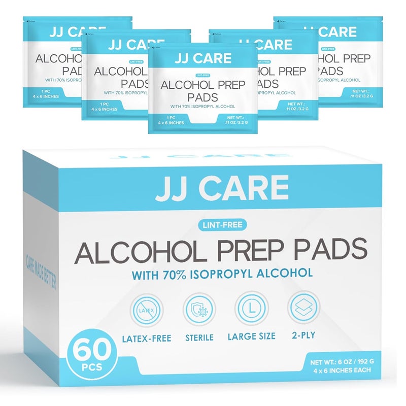 JJ CARE عبوة كبيرة من وسادات تحضير الكحول 60 قطعة 4 × 6 وسادات كحول معقمة مغلفة بشكل فردي 70 كحول إيزوبروبيلي مناديل 2 طبقة مسحات كحول مثالية لمجموعة الإسعافات الأولية الطبية والمنزلية - Image 1