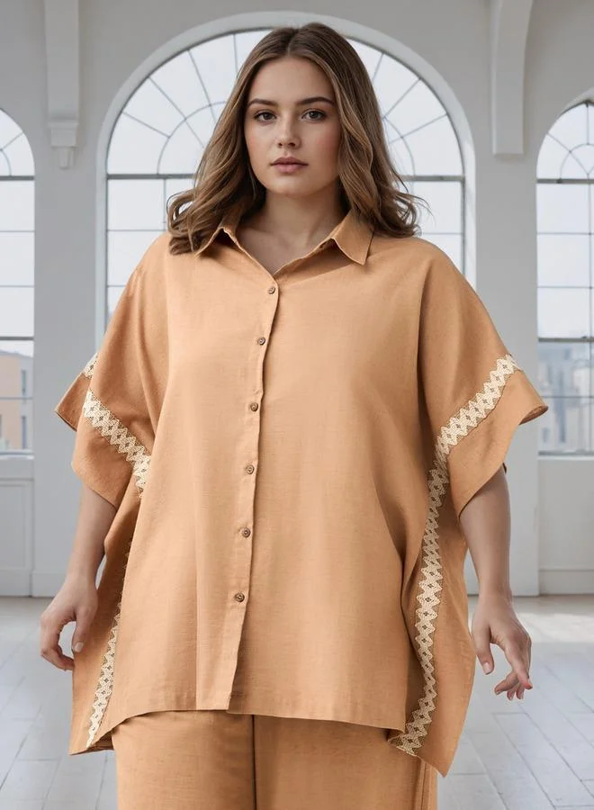 Ulla Popken Plus Size Ulla Popken Lace Detail Shirt with Extended Sleeves