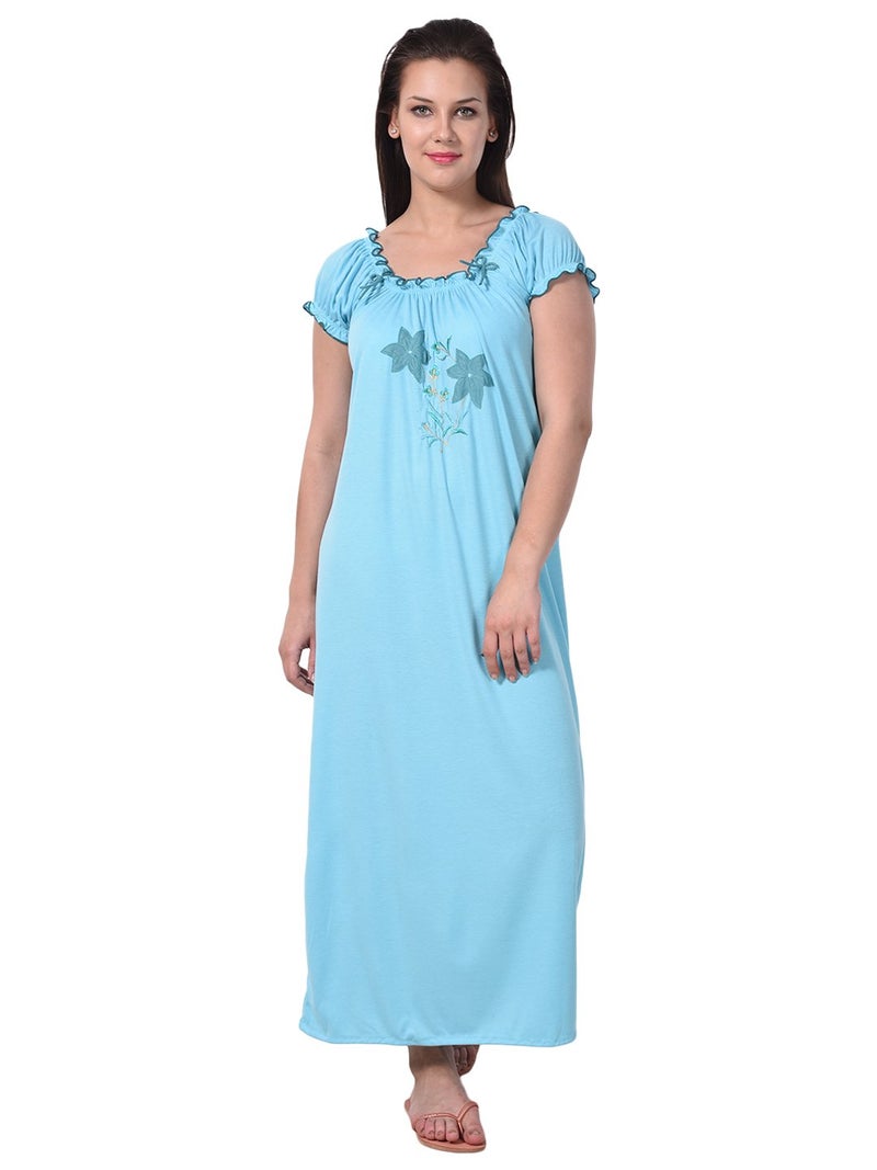 Noty Store Noty Women's Cotton Floral Maxi Night Gown (RS-1N-H-F-V_Blue) - Image 1