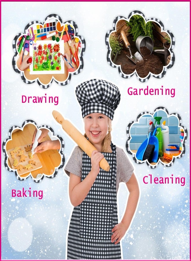 TOPWAYS Kids Apron and Chef Hat Set, Adjustable Check Child Chef Aprons with Pockets for Kids Painting Baking Cooking (Black White, L) - Image 4