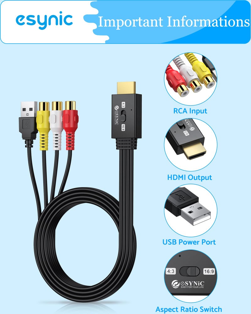 eSynic 1080P RCA to HDMI Adapter-Not Bi-Directional-Compact Cable Design- 4:3/16:9 Switch-Plug & Play AV to HDMI Adapter-Lossless Transmission- for Wii/PS1/PS2/N64/X-box/DVD/VCR Support PAL/NTSC - Image 3
