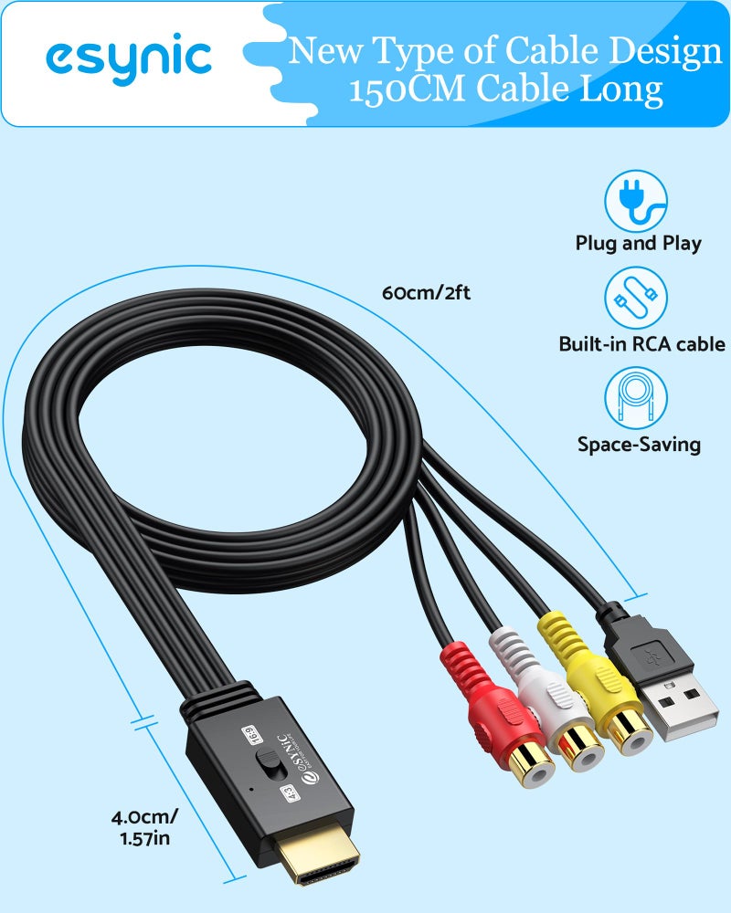 eSynic 1080P RCA to HDMI Adapter-Not Bi-Directional-Compact Cable Design- 4:3/16:9 Switch-Plug & Play AV to HDMI Adapter-Lossless Transmission- for Wii/PS1/PS2/N64/X-box/DVD/VCR Support PAL/NTSC - Image 5