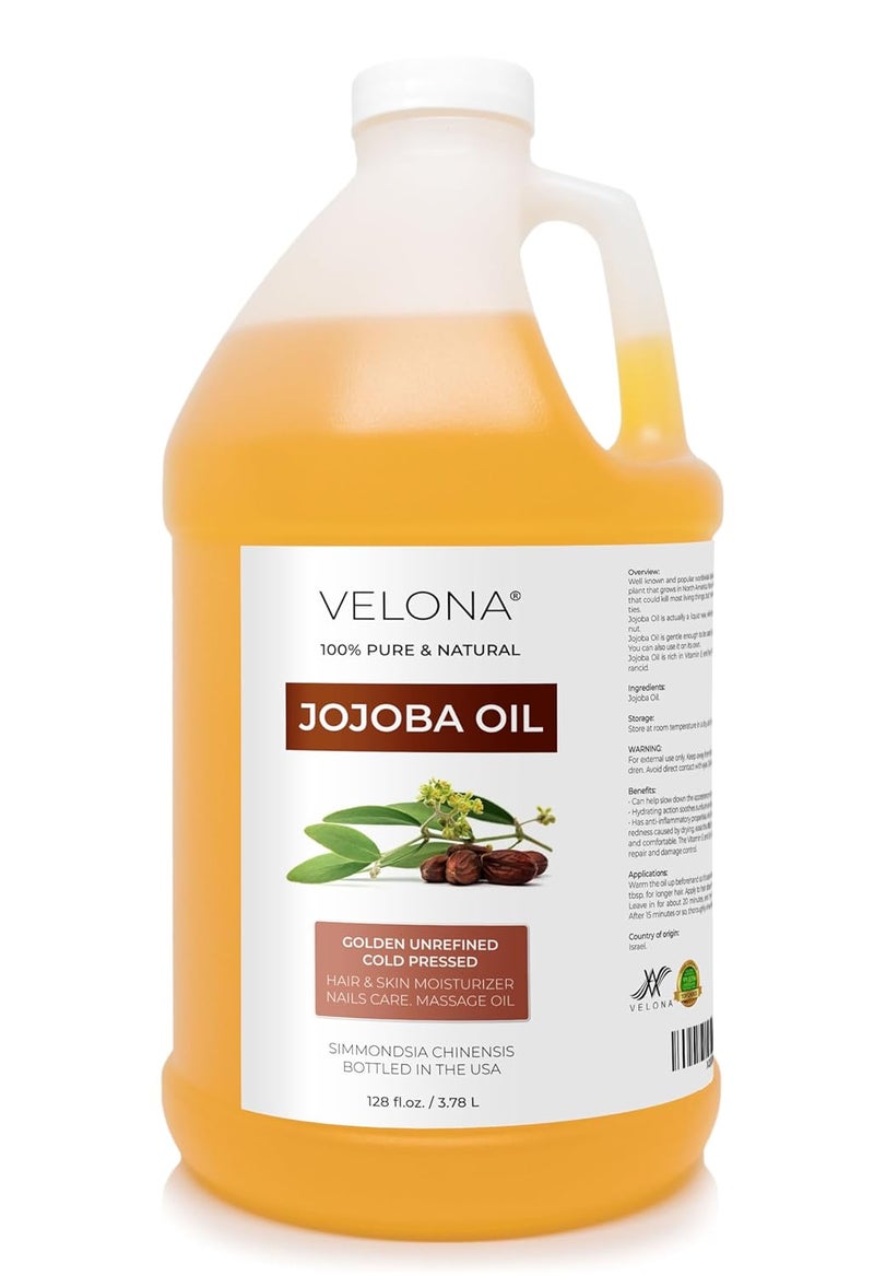 velona Jojoba Oil  1 Gallon  128 Fl Oz  100 Pure and Natural  Golden Unrefined Cold Pressed Hexane Free  Moisturizing Face Hair Body Skin Care Stretch Marks Cuticles