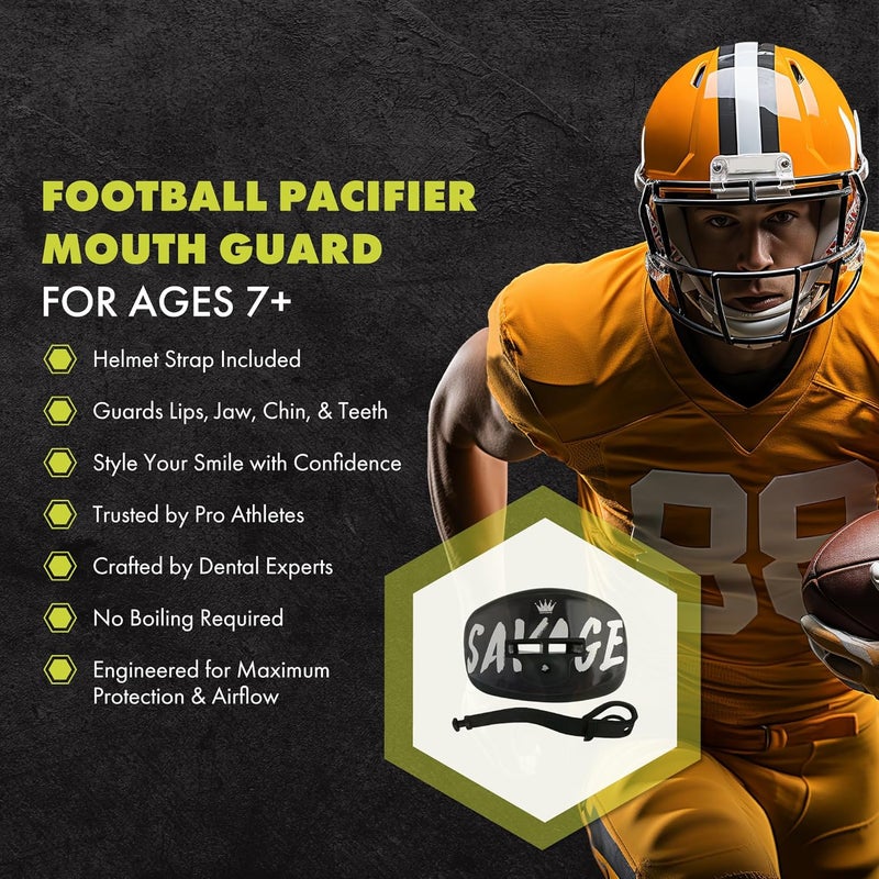 DAMAGE CONTROL Pacifier Mouthpiece – Football Mouthguard with Helmet Strap, Protects Teeth, Jaw & Mouth – Mouth Piece for Sports, No Boiling, Allows Airflow – Gear for Adults & Youth (Savage) - Image 2