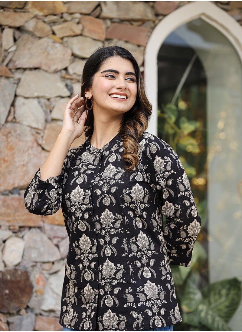Swadesh Souq - Black Ethnic Motif Print Cotton Top - Image 1