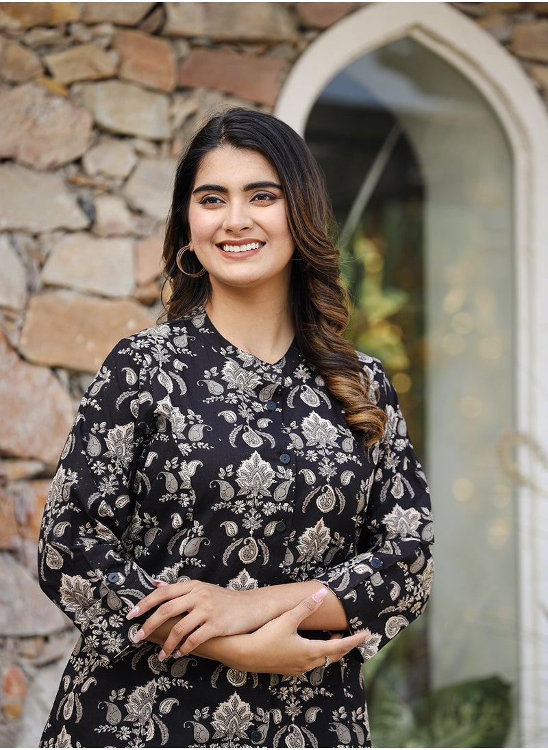 Swadesh Souq - Black Ethnic Motif Print Cotton Top - Image 1