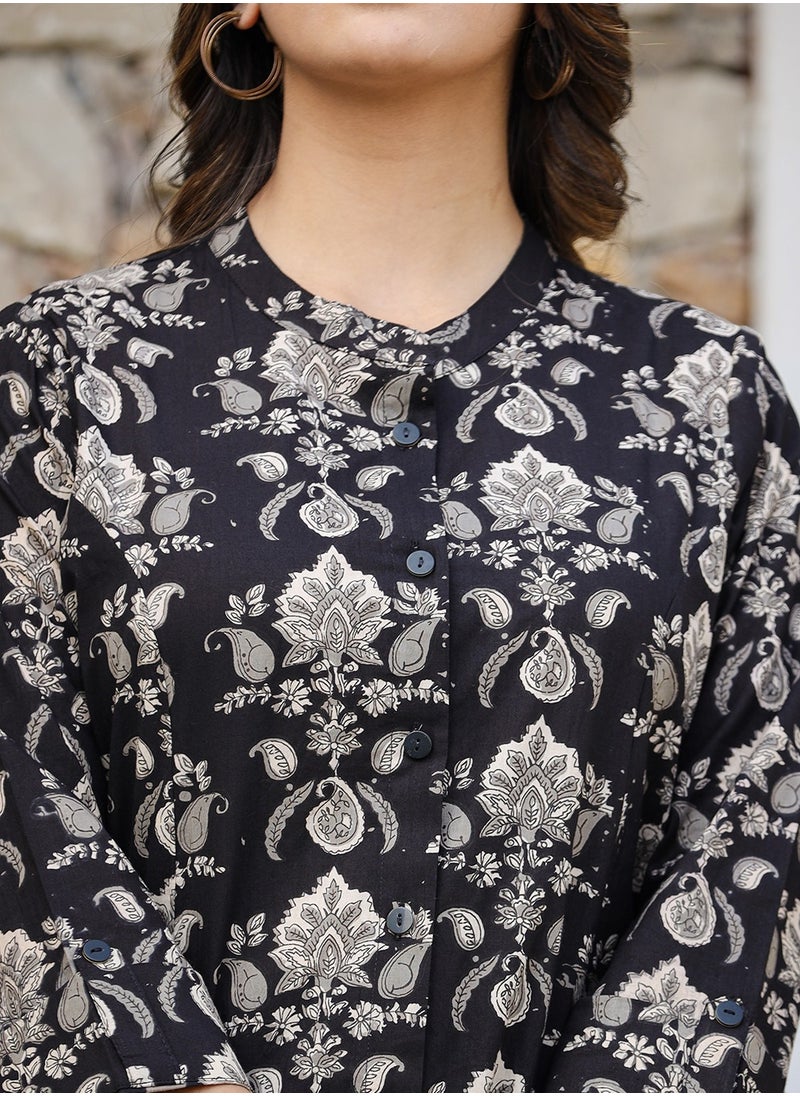 Swadesh Souq - Black Ethnic Motif Print Cotton Top - Image 1