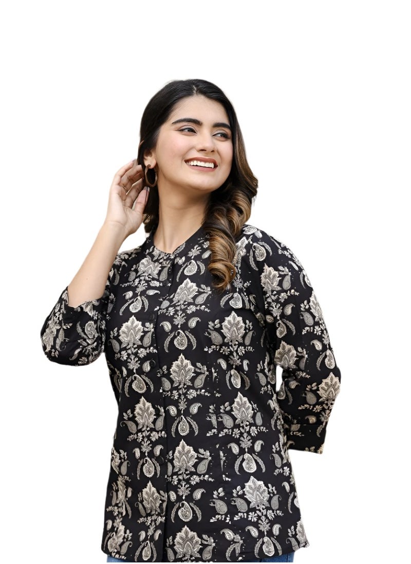 Swadesh Souq - Black Ethnic Motif Print Cotton Top - Image 1