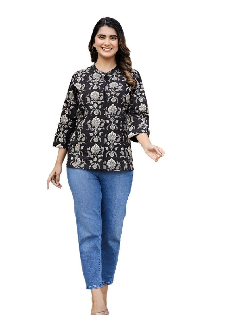 Swadesh Souq - Black Ethnic Motif Print Cotton Top - Image 1