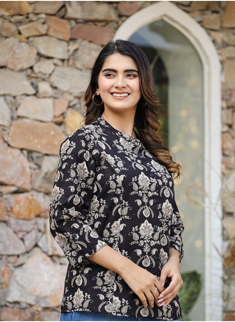 Swadesh Souq - Black Ethnic Motif Print Cotton Top - Image 1