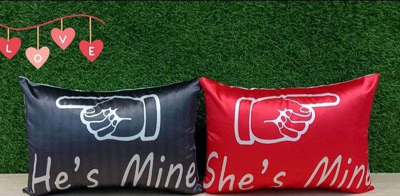 MLHF Polyester Printed Couples Cushion with Filler Pillow Set of 2 Sofa Cushion Cushion for Couples Size 12 x 18 Inches Color Dark Grey Red 