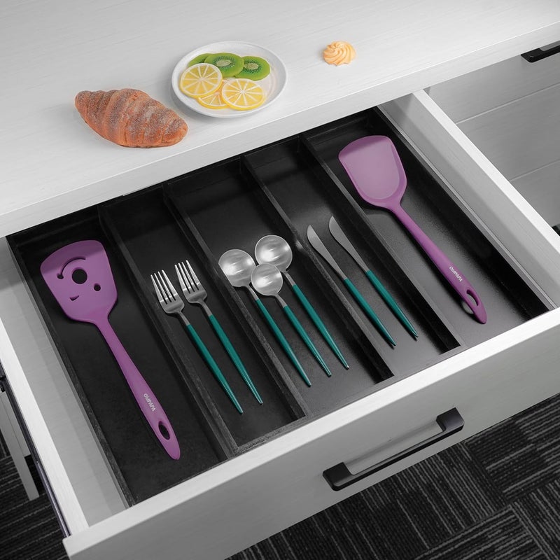 Utoplike Bamboo Black Kitchen Drawer Organizer, Adjustable Utensil Holder - Image 2