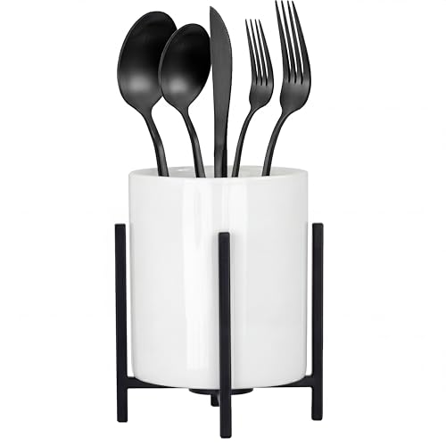 MONOSUGO Spoon Holder for Coffee Bar Kitchen Spoon and Fork Holder Black Silverware Holder Cutlery Holder Robust Silverware Caddy White Ceramic Cup with Black Metal Frame 1 Pcs - Image 1