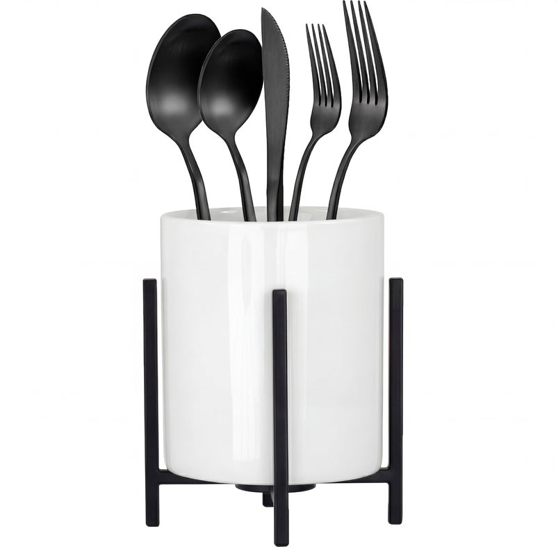 MONOSUGO Spoon Holder for Coffee Bar Kitchen Spoon and Fork Holder Black Silverware Holder Cutlery Holder Robust Silverware Caddy White Ceramic Cup with Black Metal Frame 1 Pcs - Image 2