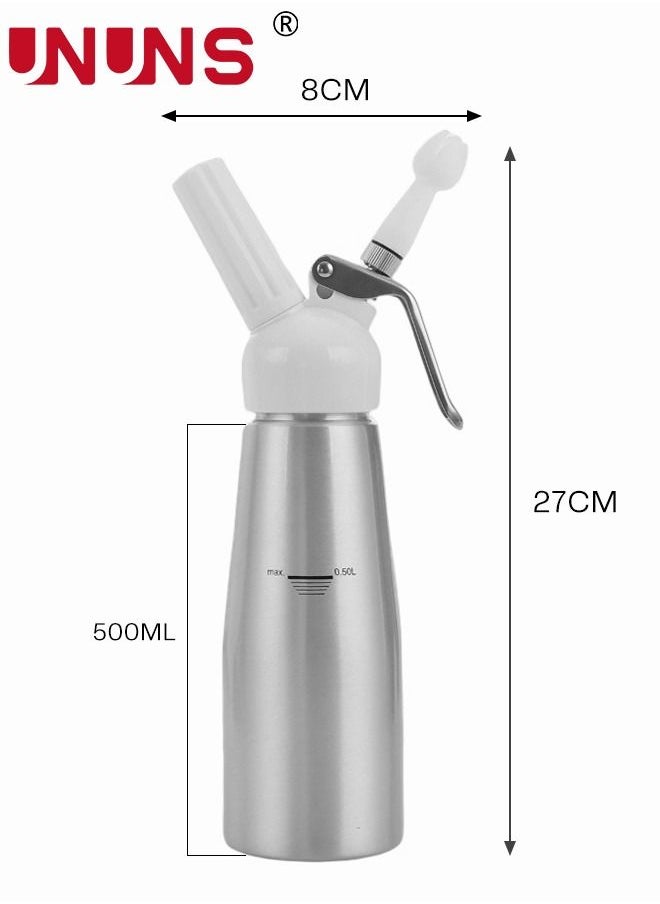 UNUNS - Whipped Cream Dispenser,500ML Aluminum Culinary Canister Cream Whipper With 3 Decorating Nozzles Cream Foam Maker For Cake Dessert Coffee,Silver - Image 1
