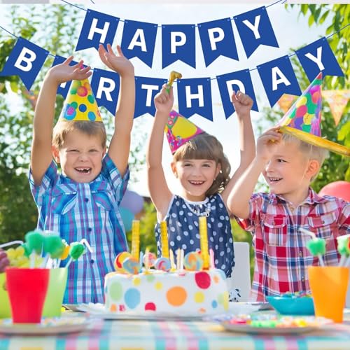 Flyloons Happy Birthday Banner - Dark Blue Decoration for Boys Girls Kids Baby Men Women | 13 Pcs Paper Cardstock Flag | Reusable - Image 5