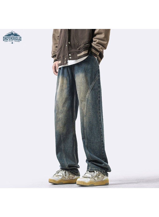 Dingfengbaoluo Men's Autumn And Winter Straight-leg Jeans Loose Casual Wide-leg Trousers Retro Blue 2XL - Image 3