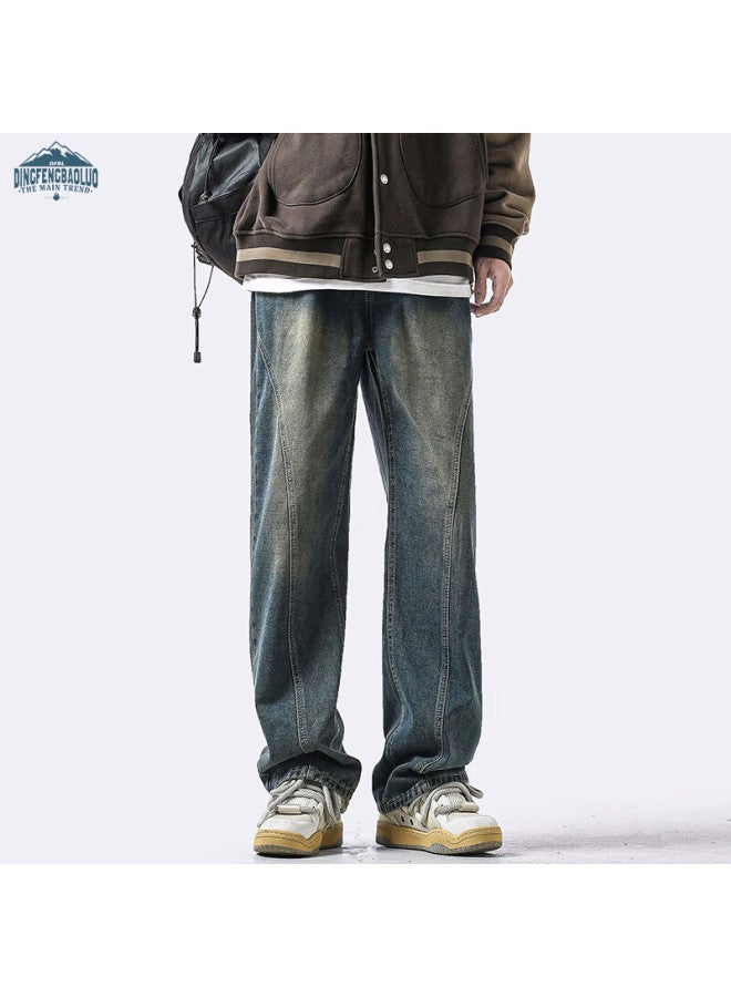 Dingfengbaoluo Men's Autumn And Winter Straight-leg Jeans Loose Casual Wide-leg Trousers Retro Blue 2XL - Image 1