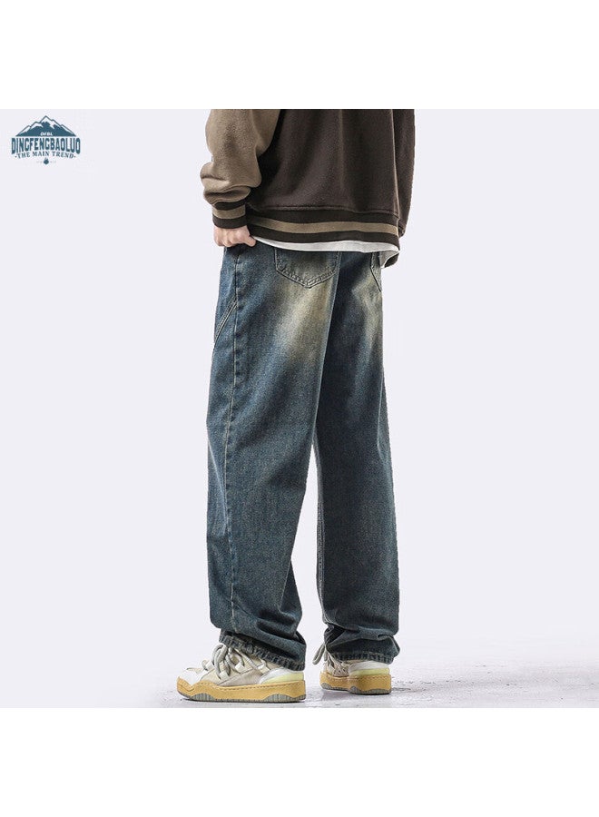 Dingfengbaoluo Men's Autumn And Winter Straight-leg Jeans Loose Casual Wide-leg Trousers Retro Blue 2XL - Image 4