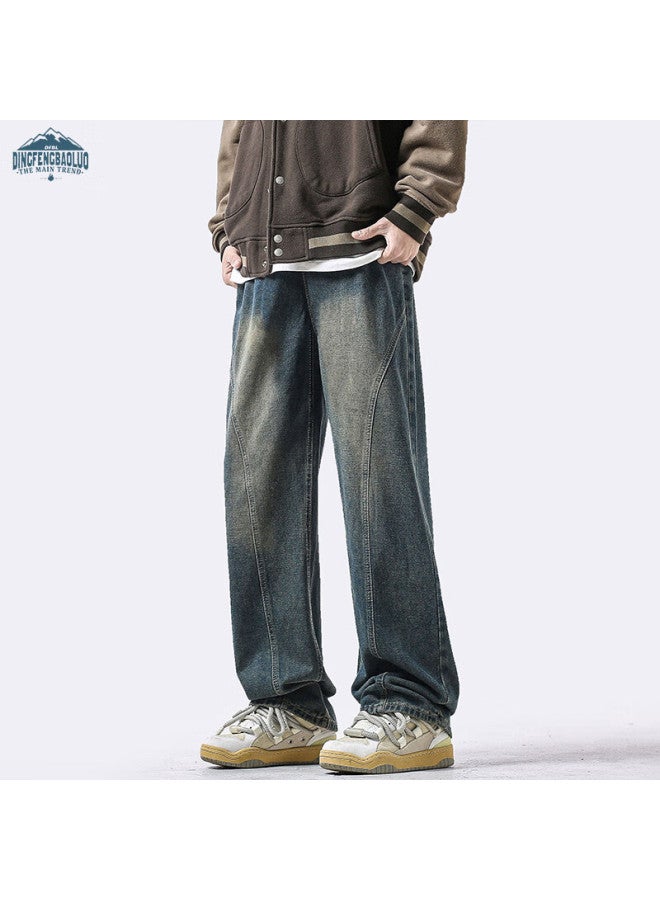Dingfengbaoluo Men's Autumn And Winter Straight-leg Jeans Loose Casual Wide-leg Trousers Retro Blue 2XL - Image 2