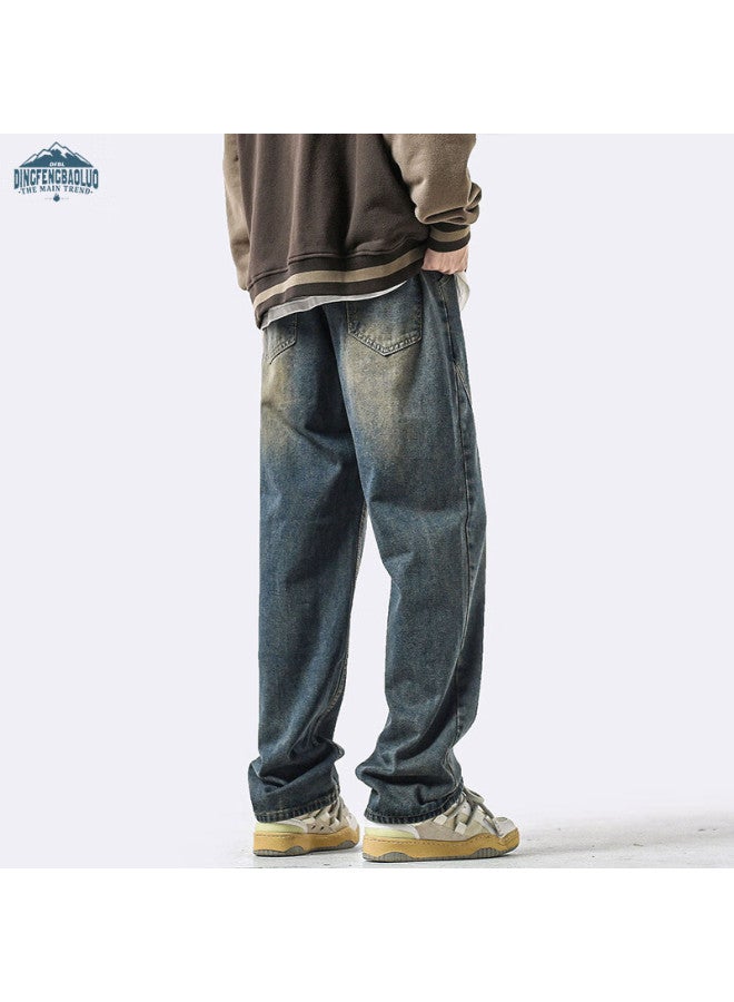 Dingfengbaoluo Men's Autumn And Winter Straight-leg Jeans Loose Casual Wide-leg Trousers Retro Blue 2XL - Image 5