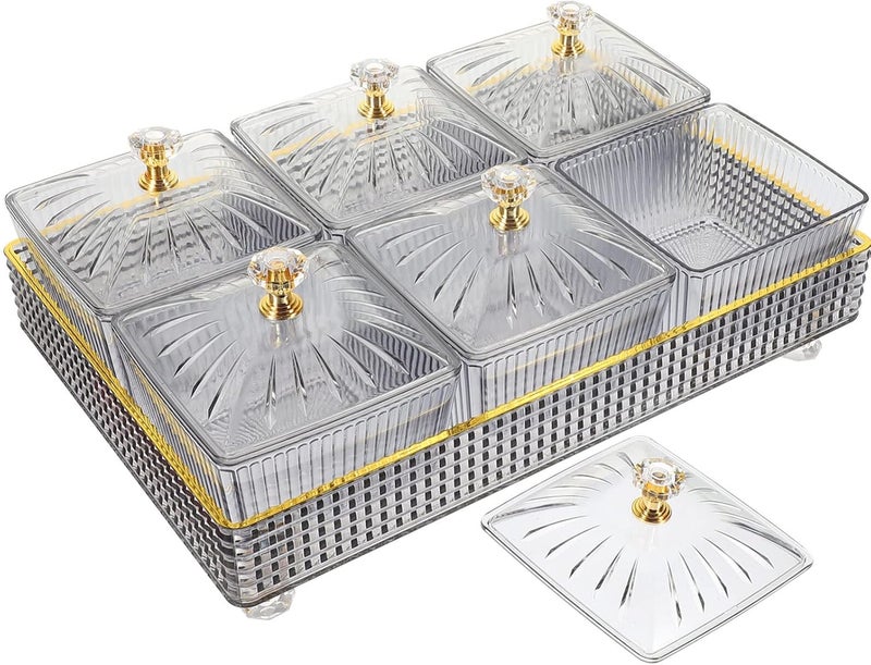 Cabilock 6Compartment Snack Tray with Lid Divided Snacks Nuts Dry Fruit Tray Dish Appetizer Serving Plate Food Storage Box Containers Party Wedding Decor Grey - Image 1