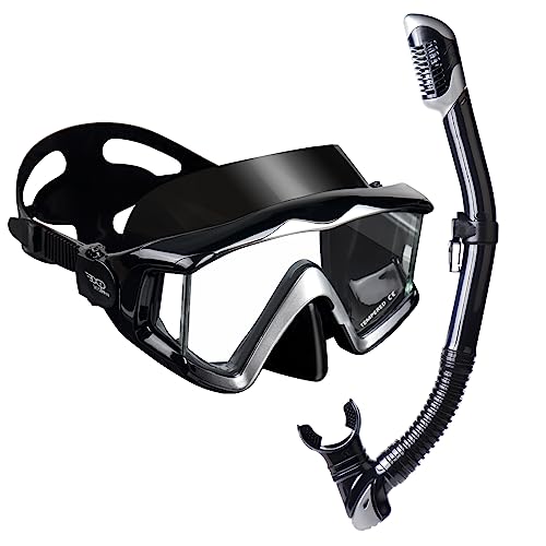 EXP VISION Snorkel Set Pano 3 Adult Snorkeling Gear, Professional Anti-Fog Snorkel Mask Dry Top Snorkel, Tempered Glass Scuba Diving Mask for Freediving, Snorkeling and Swimming(Black Set) - Image 1