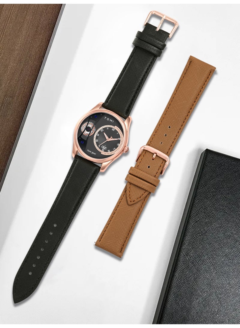 TOMI Men's Quartz Watch with 2 Interchangeable Leather Straps, Fashion Business Waterproof Analog Wrist Watch, Rotating Gear Sweeping Second Casual Dress Watch with Premium Gift Box for Men - Image 5