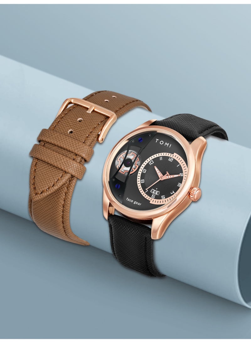TOMI Men's Quartz Watch with 2 Interchangeable Leather Straps, Fashion Business Waterproof Analog Wrist Watch, Rotating Gear Sweeping Second Casual Dress Watch with Premium Gift Box for Men - Image 4