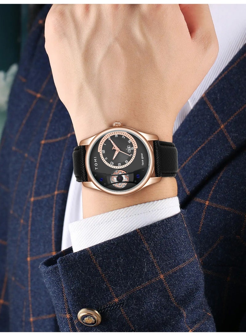TOMI Men's Quartz Watch with 2 Interchangeable Leather Straps, Fashion Business Waterproof Analog Wrist Watch, Rotating Gear Sweeping Second Casual Dress Watch with Premium Gift Box for Men - Image 2