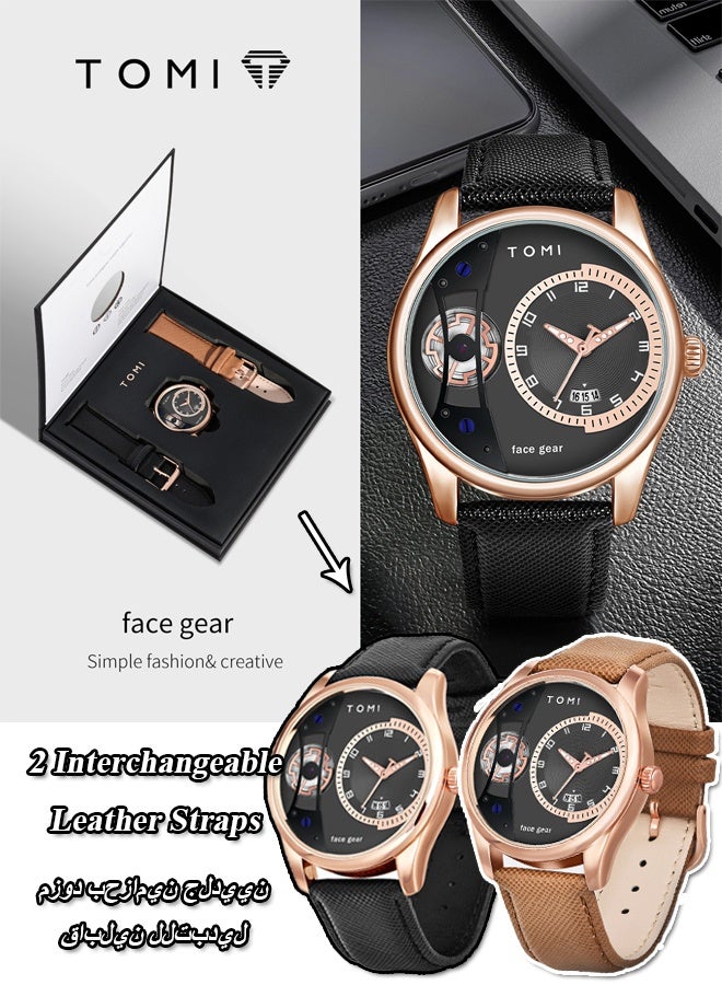 TOMI Men's Quartz Watch with 2 Interchangeable Leather Straps, Fashion Business Waterproof Analog Wrist Watch, Rotating Gear Sweeping Second Casual Dress Watch with Premium Gift Box for Men - Image 1