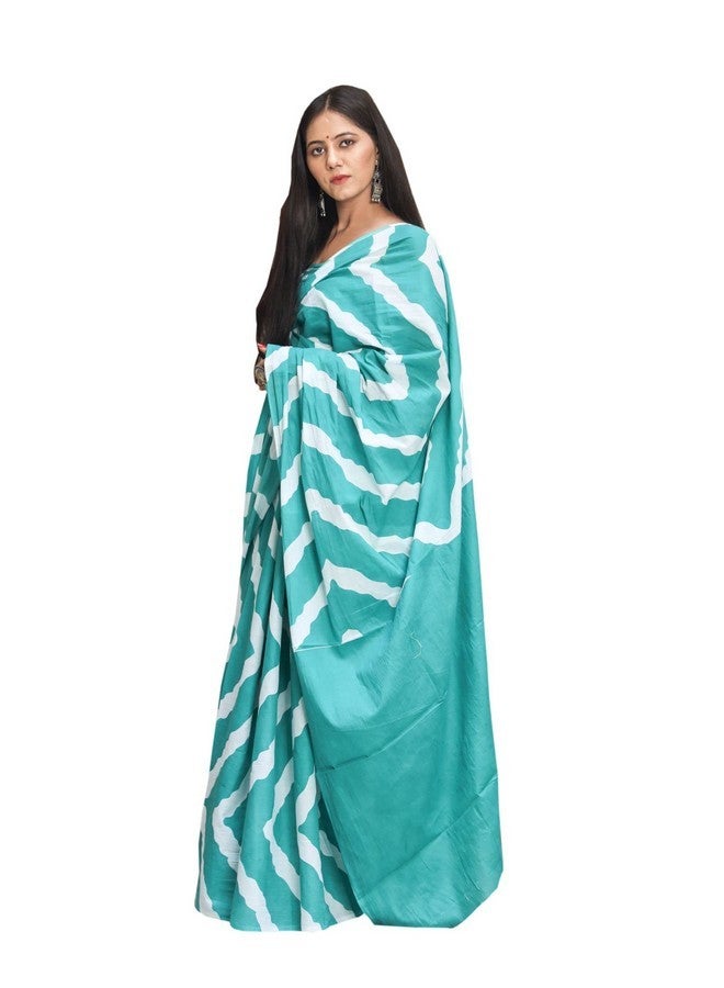 Kiaaron Handicrafts Women's Ikat Hand Block Print Jaipuri Cotton Mulmul Turquoise Saree With Blouse Piece - _Sh_103 - Image 1