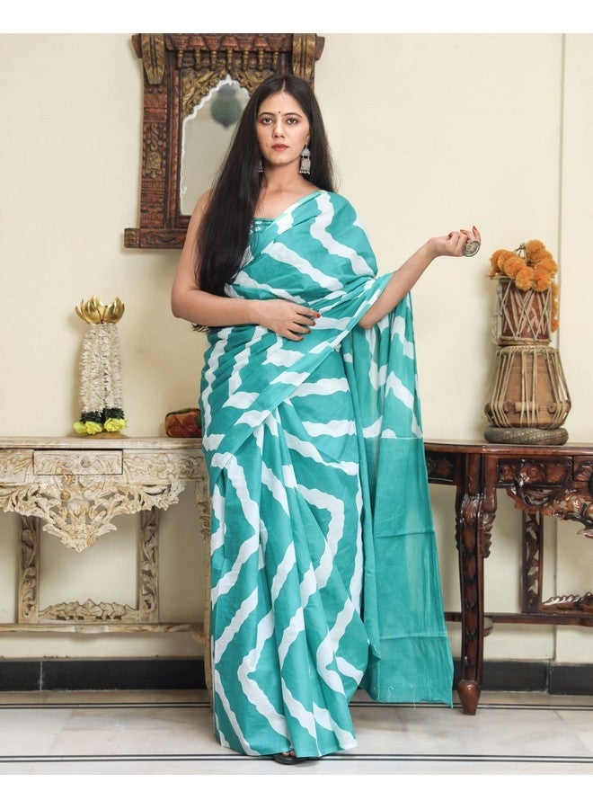 Kiaaron Handicrafts Women's Ikat Hand Block Print Jaipuri Cotton Mulmul Turquoise Saree With Blouse Piece - _Sh_103 - Image 4