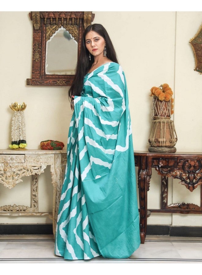 Kiaaron Handicrafts Women's Ikat Hand Block Print Jaipuri Cotton Mulmul Turquoise Saree With Blouse Piece - _Sh_103 - Image 2