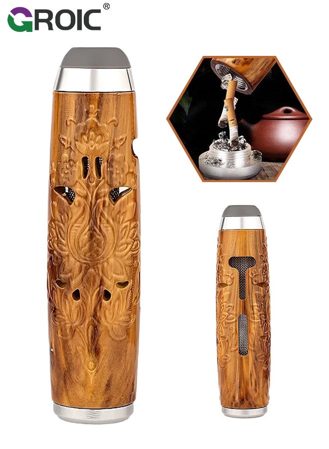 GROIC Car Ashtray, Mini Carved Wood Portable Ashtray, New Coffee Color Engraved Travel Ashtray with Lid, Durable Windproof Pocket Ashtray, Elegant Smoking Accessory, Outdoor Home Office Ashtray, Brown - Image 1
