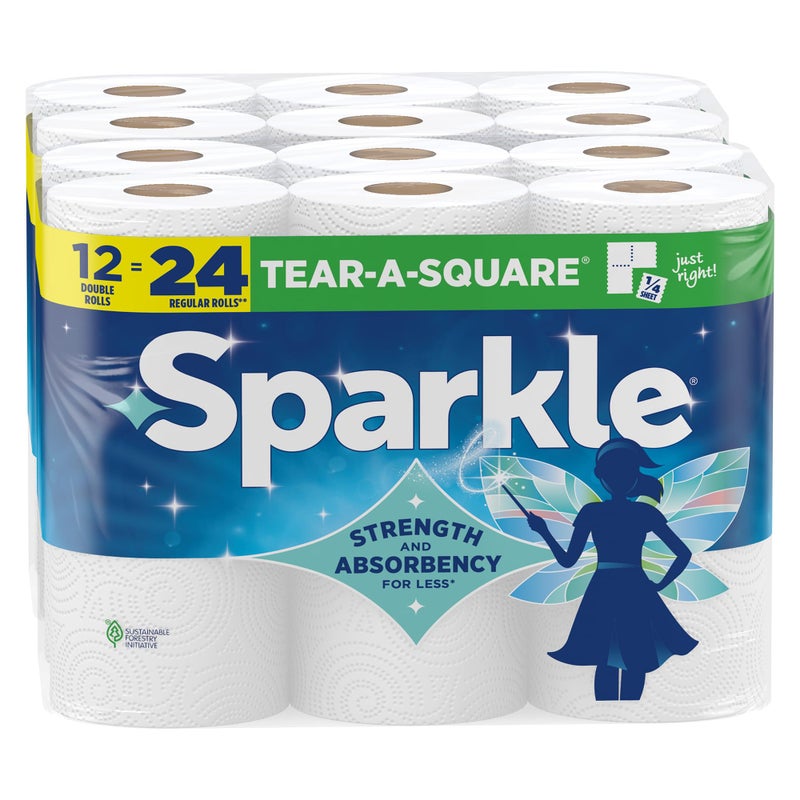 Sparkle Tear-A-Square Paper Towels, 12 Double Rolls - Strong 2-Ply Towels for Kitchen Cleanup and Everyday Messes - Image 1