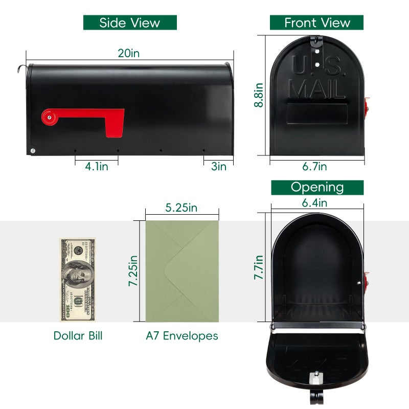 BlissBoard Mailboxes for Outside, Galvanized Steel Medium Black Metal Mailbox, 20 x 8.7 x 6.7 Inches - Image 2