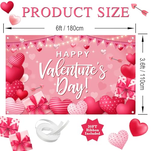 Avezano Happy Valentine's Day Backdrop Pink Valentines Day Party Decorations Banner Love Heart Theme Valentines Banner for 14 February Party Decor (6x3.6ft) - Image 2