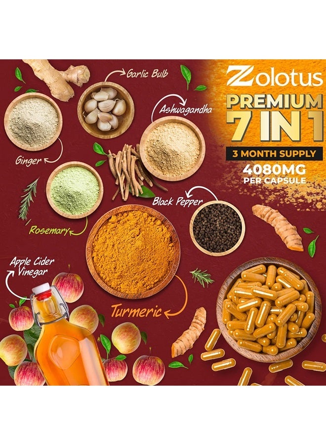Zolotus كبسولات الكركم الكركمين + خل التفاح 7 في 1، تعادل 4080 ملغ، إمداد لمدة 3 أشهر مع الأشواغاندا، الزنجبيل، فص الثوم، 95% كركمين موحد، دعم المفاصل والامتصاص - Image 3